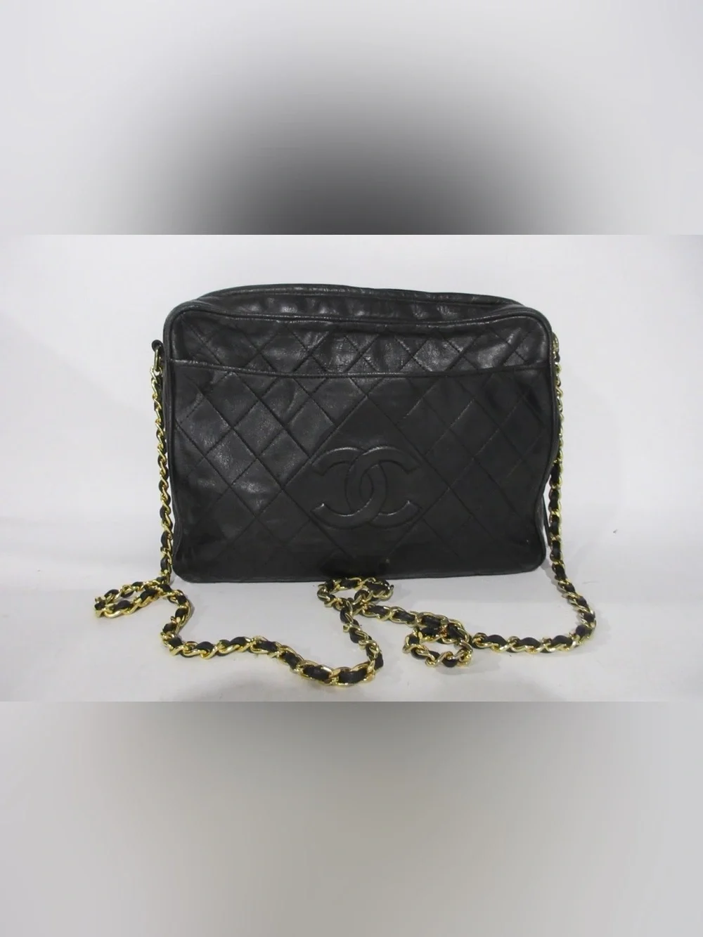 Authenticated CHANEL Black Quilted Leather Shoulder Bag with Gold Chain Strap